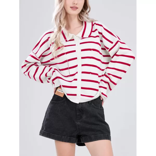 imagechouyatou Womens Button Down Striped Cardigan Sweater Polo Collar Open Front Knit Jacket 2024 Fall OutfitsRed
