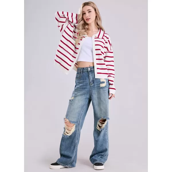 imagechouyatou Womens Button Down Striped Cardigan Sweater Polo Collar Open Front Knit Jacket 2024 Fall OutfitsRed