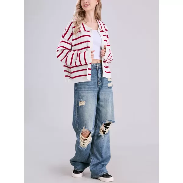 imagechouyatou Womens Button Down Striped Cardigan Sweater Polo Collar Open Front Knit Jacket 2024 Fall OutfitsRed