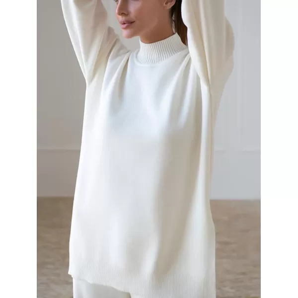 imagechouyatou Womens Casual 2 Piece Outfits Knitted Mock Neck Slit Sweater Wide Leg Pants Set LoungewearWhite