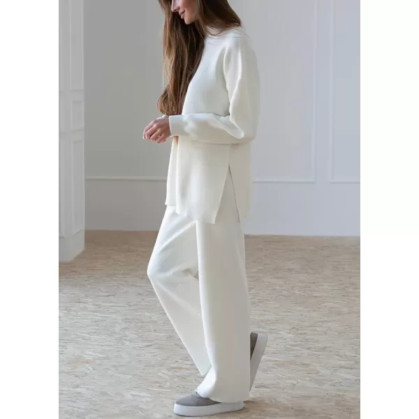 imagechouyatou Womens Casual 2 Piece Outfits Knitted Mock Neck Slit Sweater Wide Leg Pants Set LoungewearWhite