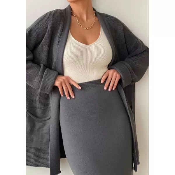 imagechouyatou Womens Casual 2 Piece Outfits Open Front Knitted Cardigan High Waist Pencil Skirt SetDark Grey