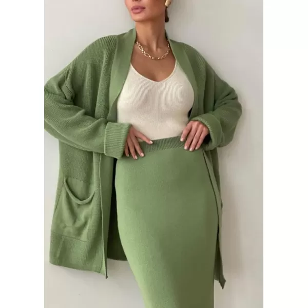 imagechouyatou Womens Casual 2 Piece Outfits Open Front Knitted Cardigan High Waist Pencil Skirt SetGreen