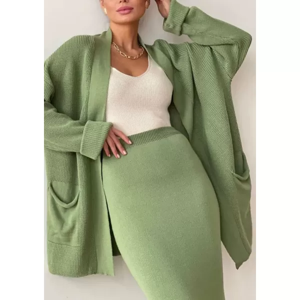 imagechouyatou Womens Casual 2 Piece Outfits Open Front Knitted Cardigan High Waist Pencil Skirt SetGreen
