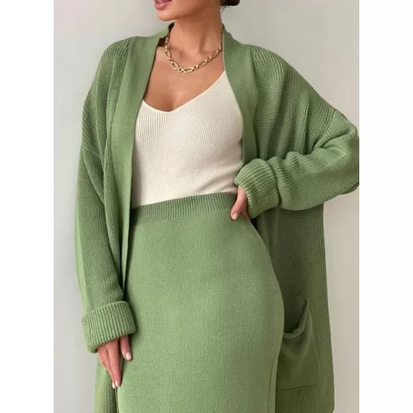 imagechouyatou Womens Casual 2 Piece Outfits Open Front Knitted Cardigan High Waist Pencil Skirt SetGreen