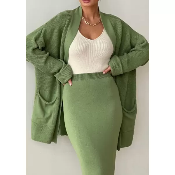 imagechouyatou Womens Casual 2 Piece Outfits Open Front Knitted Cardigan High Waist Pencil Skirt SetGreen