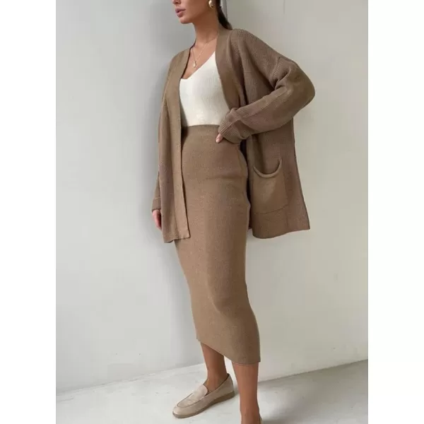 imagechouyatou Womens Casual 2 Piece Outfits Open Front Knitted Cardigan High Waist Pencil Skirt SetKhaki