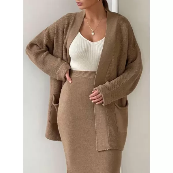imagechouyatou Womens Casual 2 Piece Outfits Open Front Knitted Cardigan High Waist Pencil Skirt SetKhaki