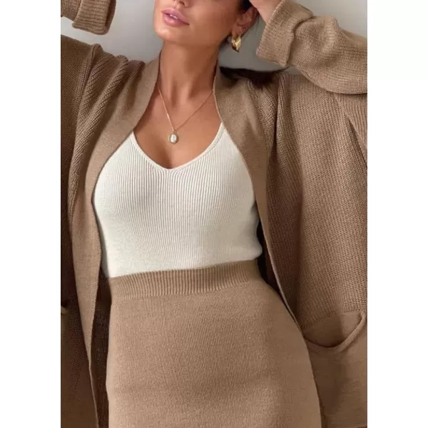 imagechouyatou Womens Casual 2 Piece Outfits Open Front Knitted Cardigan High Waist Pencil Skirt SetKhaki