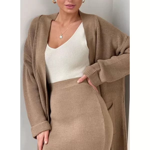 imagechouyatou Womens Casual 2 Piece Outfits Open Front Knitted Cardigan High Waist Pencil Skirt SetKhaki