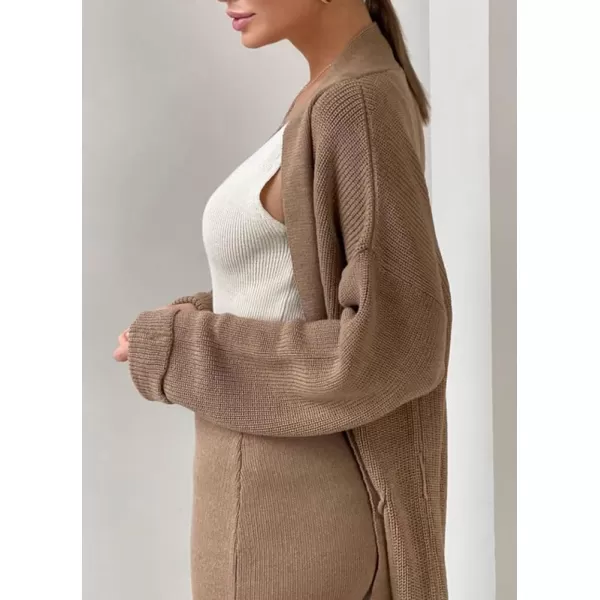 imagechouyatou Womens Casual 2 Piece Outfits Open Front Knitted Cardigan High Waist Pencil Skirt SetKhaki