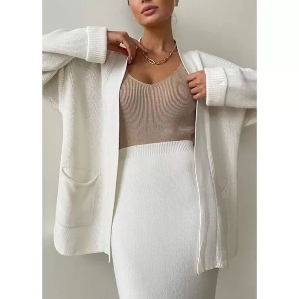 imagechouyatou Womens Casual 2 Piece Outfits Open Front Knitted Cardigan High Waist Pencil Skirt SetWhite