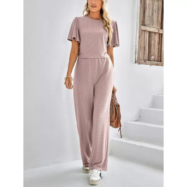 imagechouyatou Womens Casual Crochet Flutter Sleeve T Shirt Pants Set 2 Piece OutfitsDusty Pink