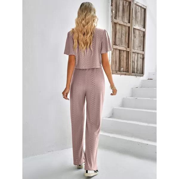 imagechouyatou Womens Casual Crochet Flutter Sleeve T Shirt Pants Set 2 Piece OutfitsDusty Pink