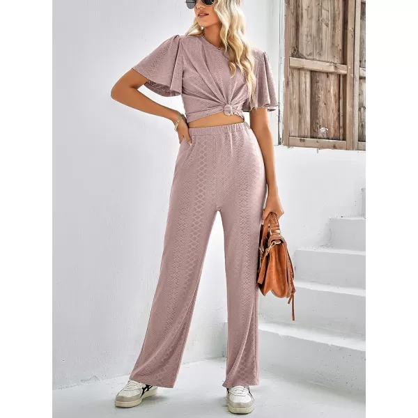 imagechouyatou Womens Casual Crochet Flutter Sleeve T Shirt Pants Set 2 Piece OutfitsDusty Pink