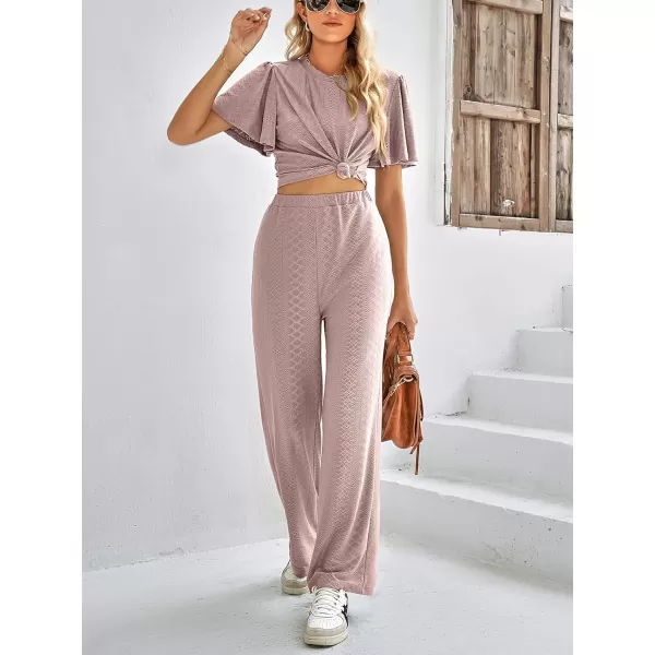 imagechouyatou Womens Casual Crochet Flutter Sleeve T Shirt Pants Set 2 Piece OutfitsDusty Pink