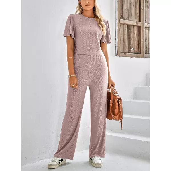 imagechouyatou Womens Casual Crochet Flutter Sleeve T Shirt Pants Set 2 Piece OutfitsDusty Pink