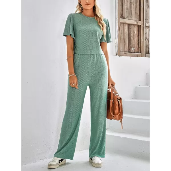 imagechouyatou Womens Casual Crochet Flutter Sleeve T Shirt Pants Set 2 Piece OutfitsGreen