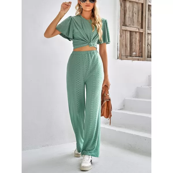 imagechouyatou Womens Casual Crochet Flutter Sleeve T Shirt Pants Set 2 Piece OutfitsGreen