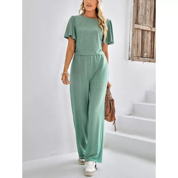 imagechouyatou Womens Casual Crochet Flutter Sleeve T Shirt Pants Set 2 Piece OutfitsGreen