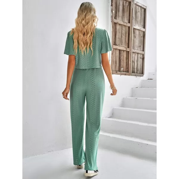 imagechouyatou Womens Casual Crochet Flutter Sleeve T Shirt Pants Set 2 Piece OutfitsGreen
