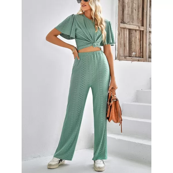 imagechouyatou Womens Casual Crochet Flutter Sleeve T Shirt Pants Set 2 Piece OutfitsGreen