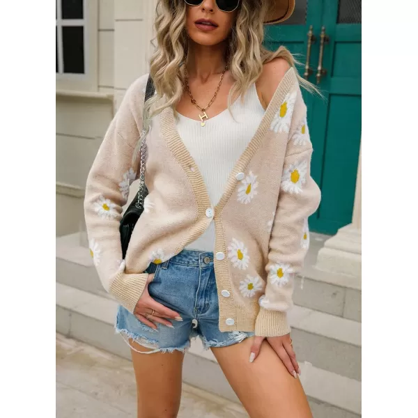 imagechouyatou Womens Cute Daisy Printed Cardigan Button Down Jacquard Knit Sweater TopsApricot