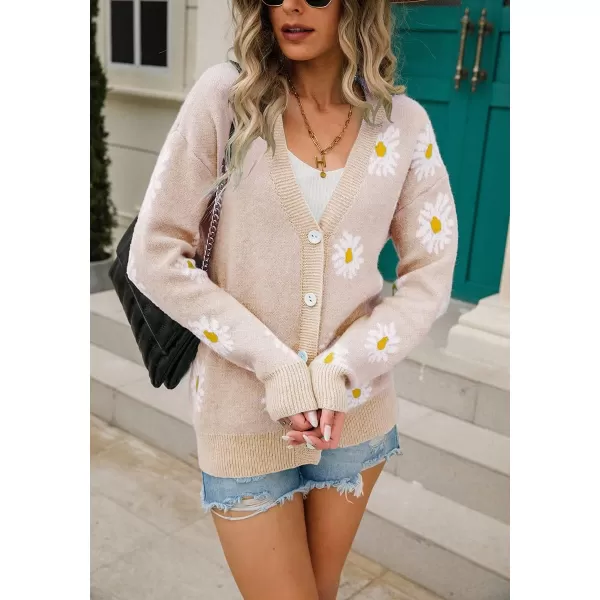 imagechouyatou Womens Cute Daisy Printed Cardigan Button Down Jacquard Knit Sweater TopsApricot