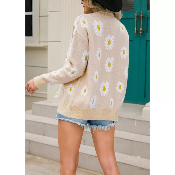 imagechouyatou Womens Cute Daisy Printed Cardigan Button Down Jacquard Knit Sweater TopsApricot