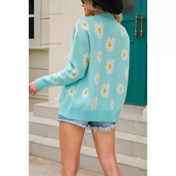 imagechouyatou Womens Cute Daisy Printed Cardigan Button Down Jacquard Knit Sweater TopsGreen