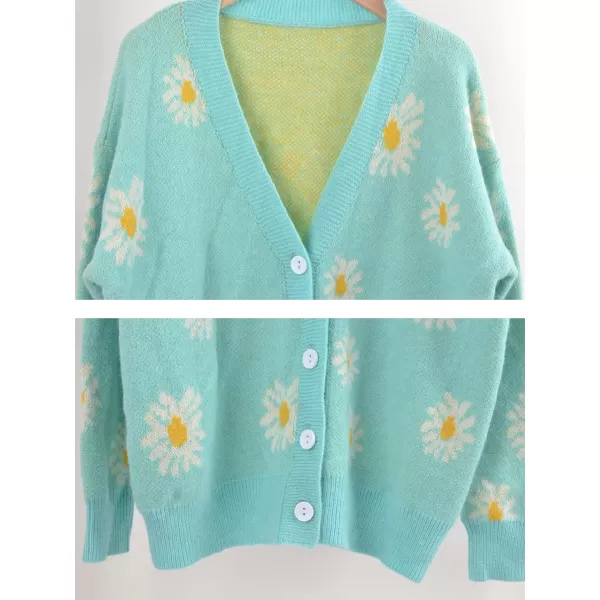imagechouyatou Womens Cute Daisy Printed Cardigan Button Down Jacquard Knit Sweater TopsGreen