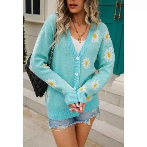 imagechouyatou Womens Cute Daisy Printed Cardigan Button Down Jacquard Knit Sweater TopsGreen