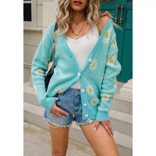 imagechouyatou Womens Cute Daisy Printed Cardigan Button Down Jacquard Knit Sweater TopsGreen