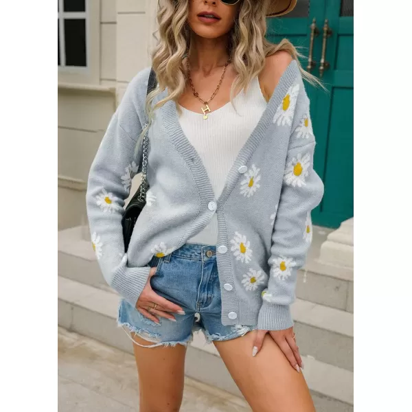 imagechouyatou Womens Cute Daisy Printed Cardigan Button Down Jacquard Knit Sweater TopsGrey