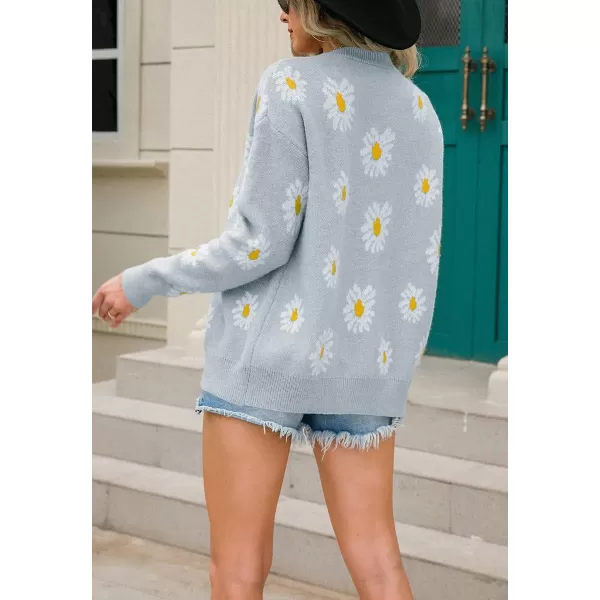 imagechouyatou Womens Cute Daisy Printed Cardigan Button Down Jacquard Knit Sweater TopsGrey