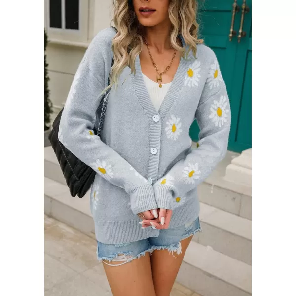 imagechouyatou Womens Cute Daisy Printed Cardigan Button Down Jacquard Knit Sweater TopsGrey
