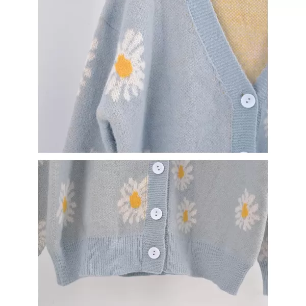 imagechouyatou Womens Cute Daisy Printed Cardigan Button Down Jacquard Knit Sweater TopsGrey