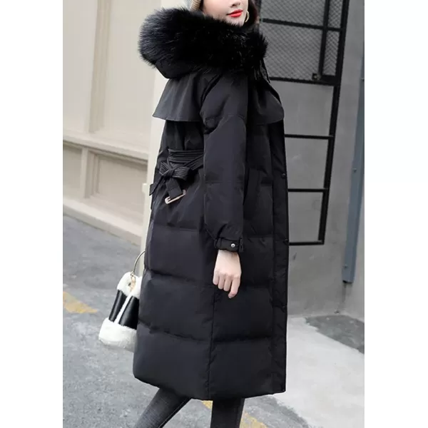 imagechouyatou Womens Elegant Back Flap MidLong Hooded Winter Alternative Down CoatBlack