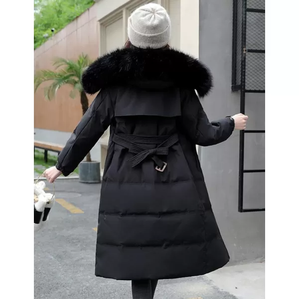 imagechouyatou Womens Elegant Back Flap MidLong Hooded Winter Alternative Down CoatBlack