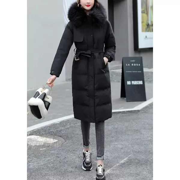 imagechouyatou Womens Elegant Back Flap MidLong Hooded Winter Alternative Down CoatBlack