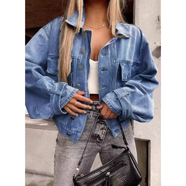 imagechouyatou Womens Fall Casual Button Down Denim Jacket Loose Fit Boyfriend Jean Jacket ShacketBlue