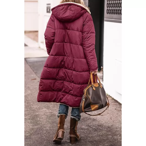 imagechouyatou Womens Fleece Lined Puffer Jacket Reversible Long Winter Quilted Jacket Down CoatWine Red