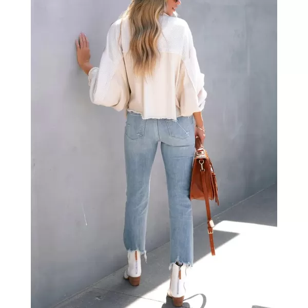 imagechouyatou Womens Frayed Waffle Knit Shacket Crop Denim Spliced Button Down Shirt Jacket TopsCream