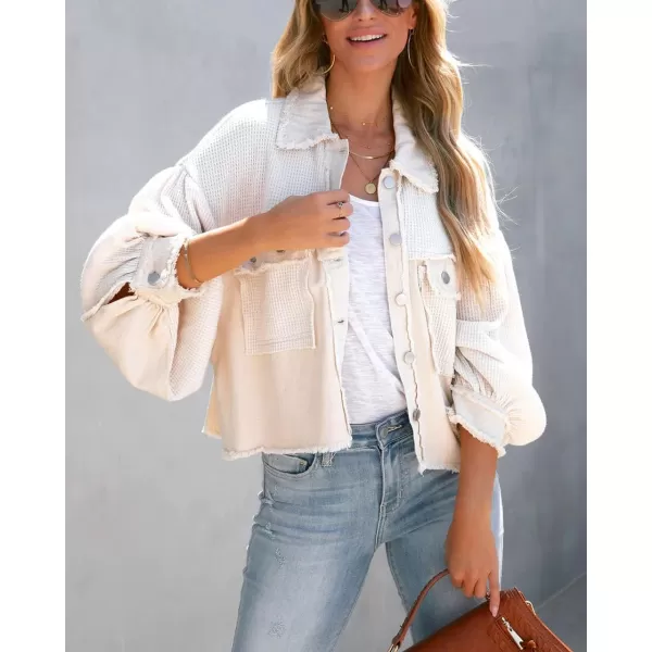 imagechouyatou Womens Frayed Waffle Knit Shacket Crop Denim Spliced Button Down Shirt Jacket TopsCream