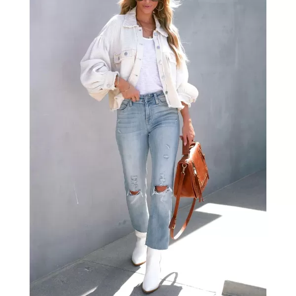 imagechouyatou Womens Frayed Waffle Knit Shacket Crop Denim Spliced Button Down Shirt Jacket TopsCream