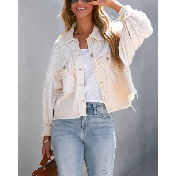 imagechouyatou Womens Frayed Waffle Knit Shacket Crop Denim Spliced Button Down Shirt Jacket TopsCream