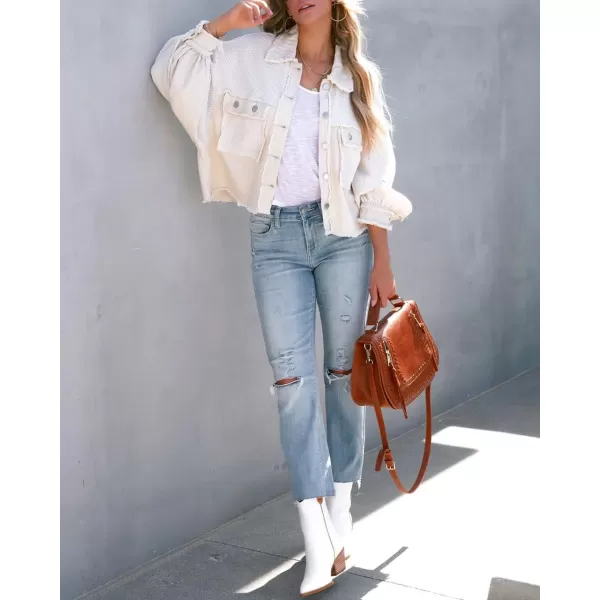 imagechouyatou Womens Frayed Waffle Knit Shacket Crop Denim Spliced Button Down Shirt Jacket TopsCream