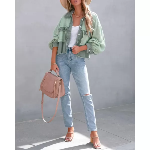 imagechouyatou Womens Frayed Waffle Knit Shacket Crop Denim Spliced Button Down Shirt Jacket TopsGreen