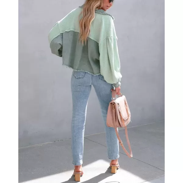 imagechouyatou Womens Frayed Waffle Knit Shacket Crop Denim Spliced Button Down Shirt Jacket TopsGreen