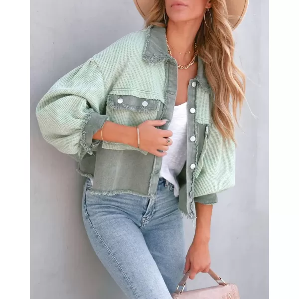 imagechouyatou Womens Frayed Waffle Knit Shacket Crop Denim Spliced Button Down Shirt Jacket TopsGreen